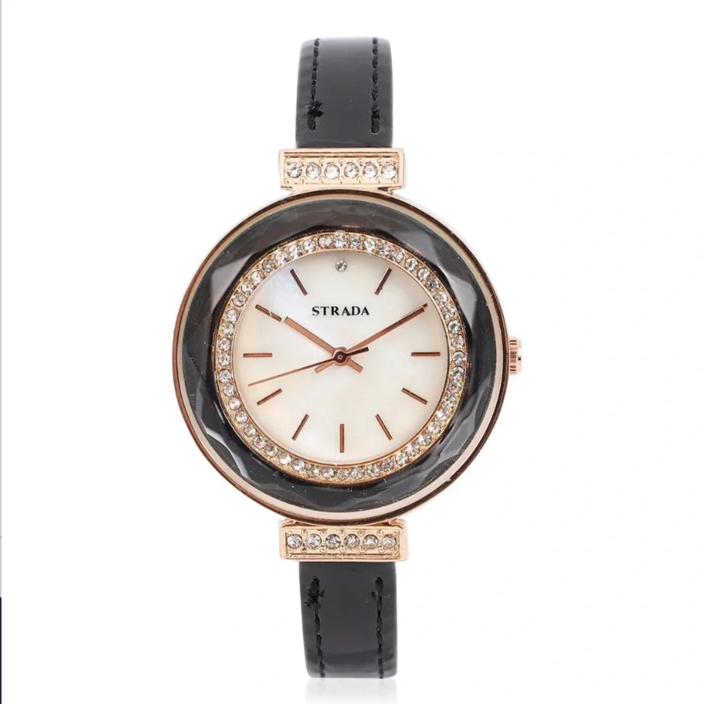 Austrian Crystal, Enameled Japanese Movement Watch. Black Faux Leather Band